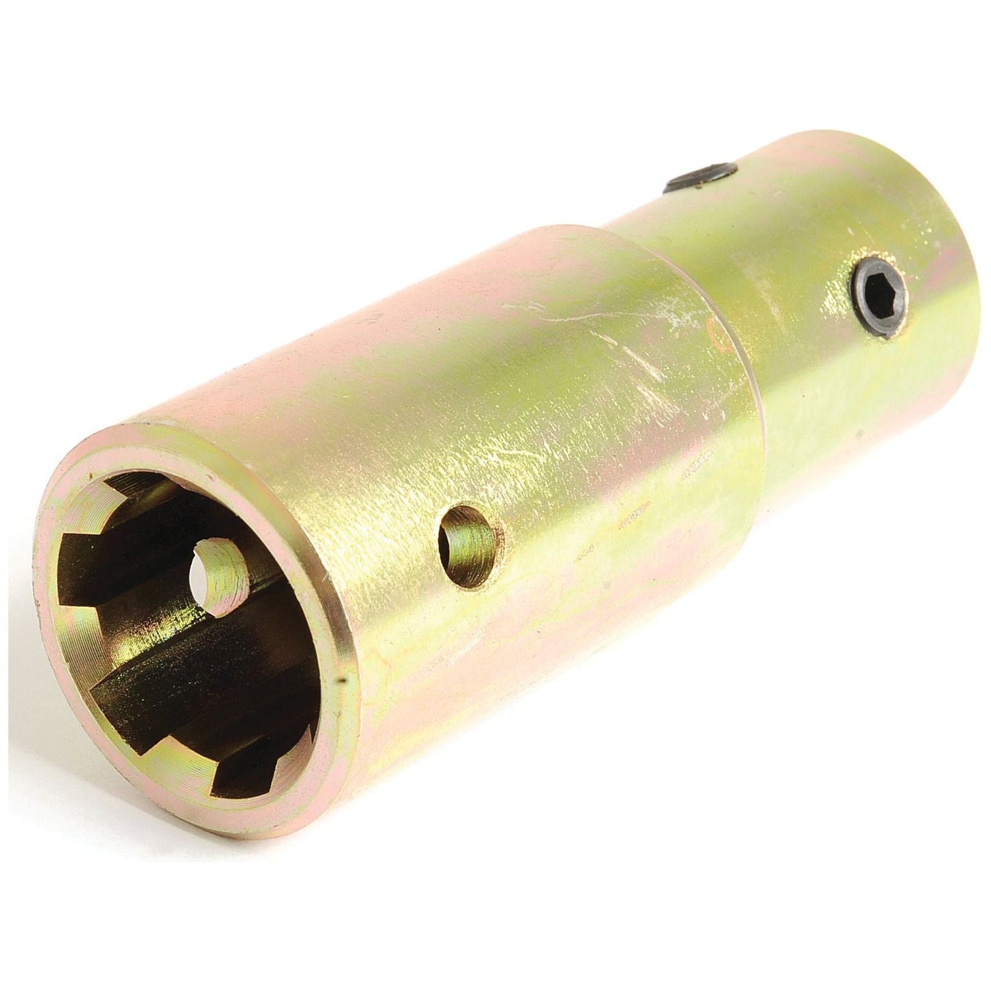 The Sparex PTO Pump Adaptor, Bore Ø1'' x Female spline 1 3/8'' - 6 with Grub Screw (Part No.S.4984) is a cylindrical metal adapter featuring a hexagonal opening on one end and a circular opening with a grub screw connection on the other, making it ideal for use as a PTO pump adaptor.