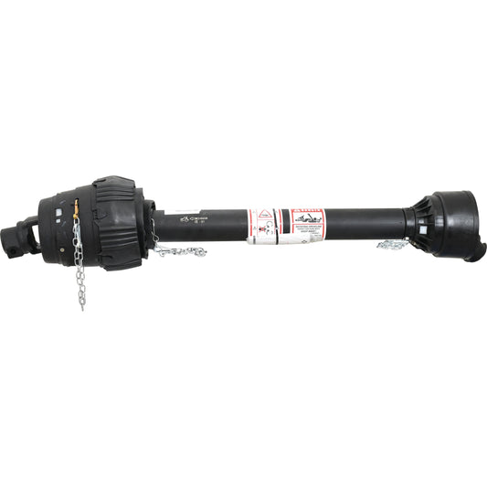 The Sparex PTO Shaft - EUCV Wide Angle - One End (Sparex Part No. S.6446) features a black finish with protective covers and safety chains on both ends, and comes with warning labels on the central section to highlight its torque specifications. The shaft measures 893mm in length and has a connection of 1 3/8'' x 6 Spline 80° W.A. to 1 3/8'' x 6 Spline Q.R.