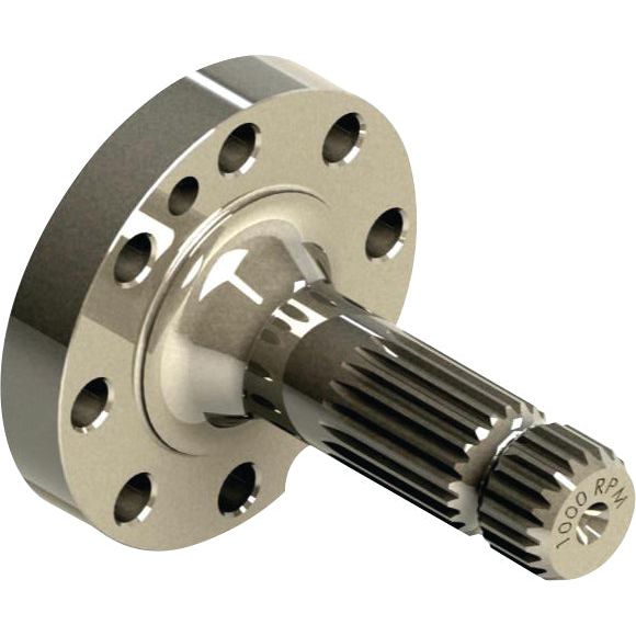 The Sparex PTO Shaft - S.260165 is a metallic mechanical component featuring multiple holes, a flange on one end, and 21 splines on its grooved shaft, designed for applications operating up to 1000 RPM.