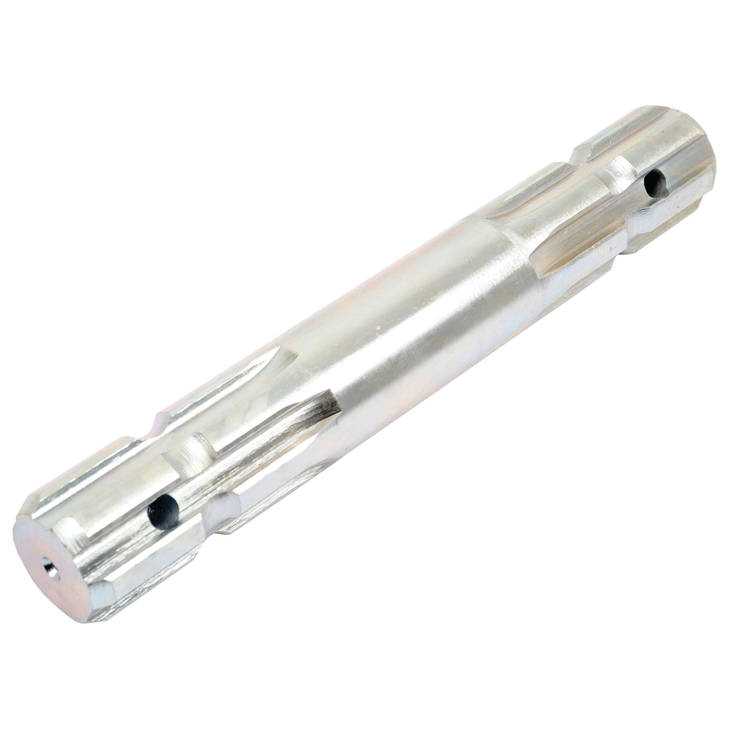 A metal cylindrical component, known as a PTO Splined Shaft - Both Ends - 1 3/8'' - 6 Spline x 1 3/8'' - 6 Spline, measuring 230mm in length and identified by Sparex Part No. S.279, is specifically designed with multiple grooves for various mechanical or industrial applications and is compatible with Sparex machinery.