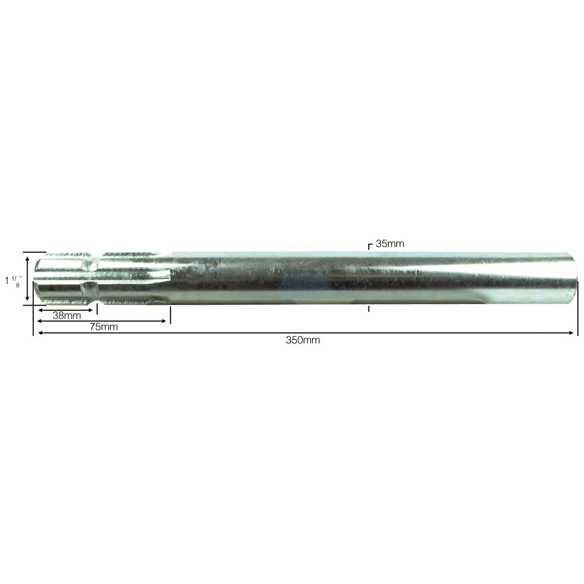 The Sparex PTO Splined Shaft (Part No. S.16427) is a metal tube specifically designed for 1 3/8'' - 6 Spline setups, featuring dimensions of 35mm diameter and 350mm length, with one section measuring 38mm and another section at 75mm.