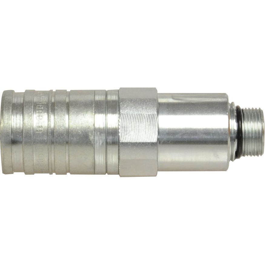 A robust carbon steel Parker Quick Release Hydraulic Coupling Female 1/2'' Body x M22 x 1.50 Metric Male Thread (Sparex Part No.S.3049) is viewed from the side against a white background, showcasing its threaded and ribbed components.