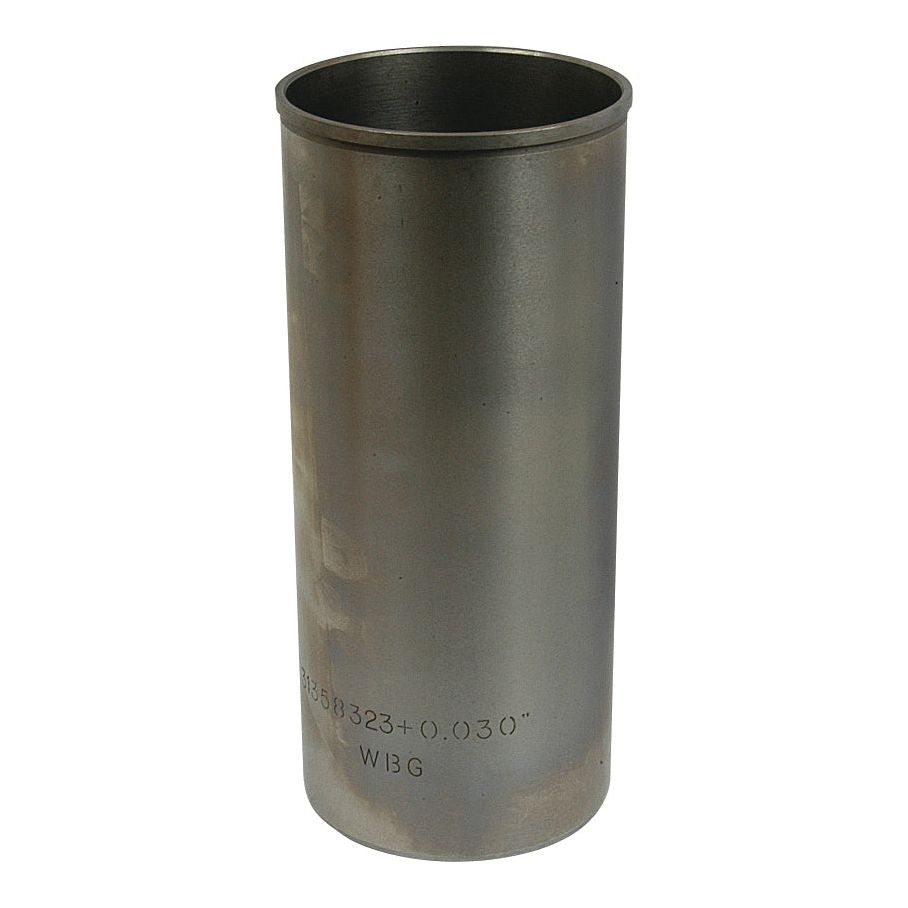 A shiny metal cylindrical pipe standing upright on a white background, marked with text indicating dimensions and specifications, reminiscent of the precision found in Sparex Piston Liner (Semi Finished) components for Massey Ferguson 135.