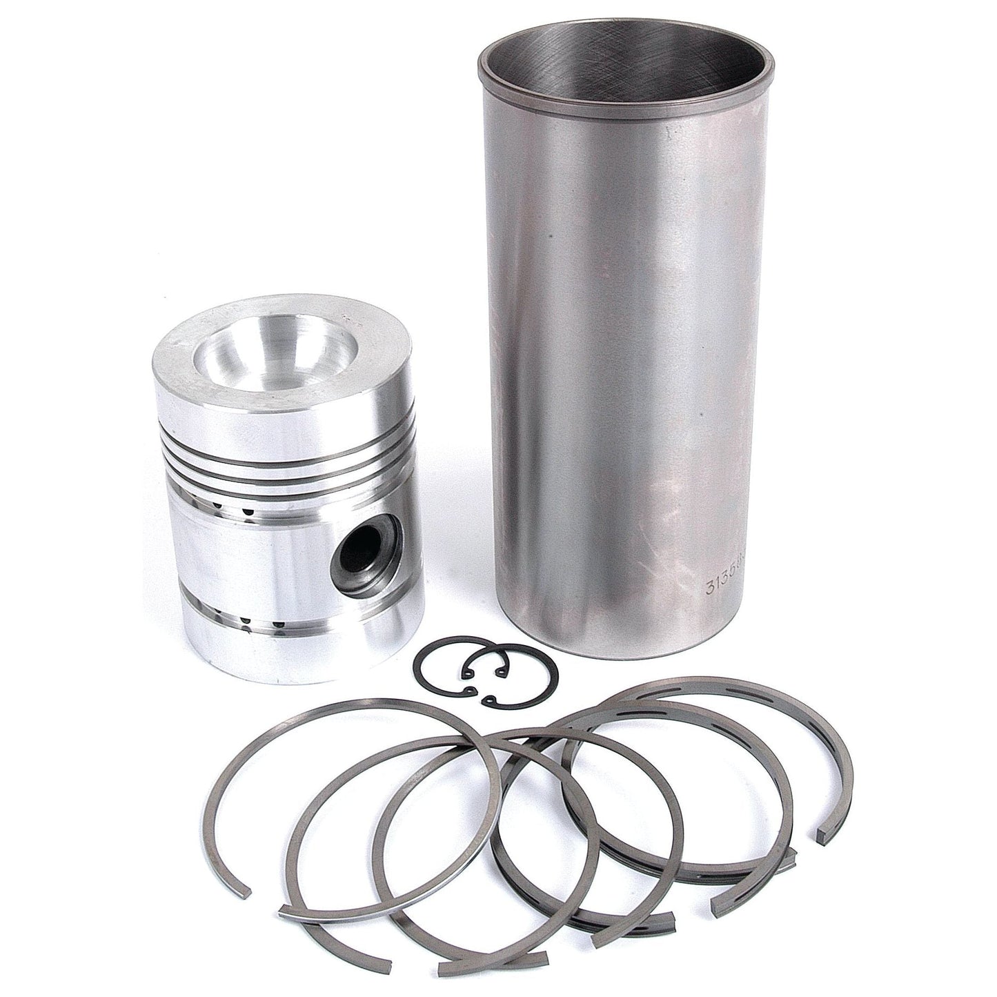 A Piston Ring and Liner Kit (Sparex Part No. S.40449) consisting of a metal cylinder, piston, retaining rings, and cylindrical clips is arranged neatly on a white background, reminiscent of high-quality Sparex components for Perkins Engines or Massey Ferguson machinery.