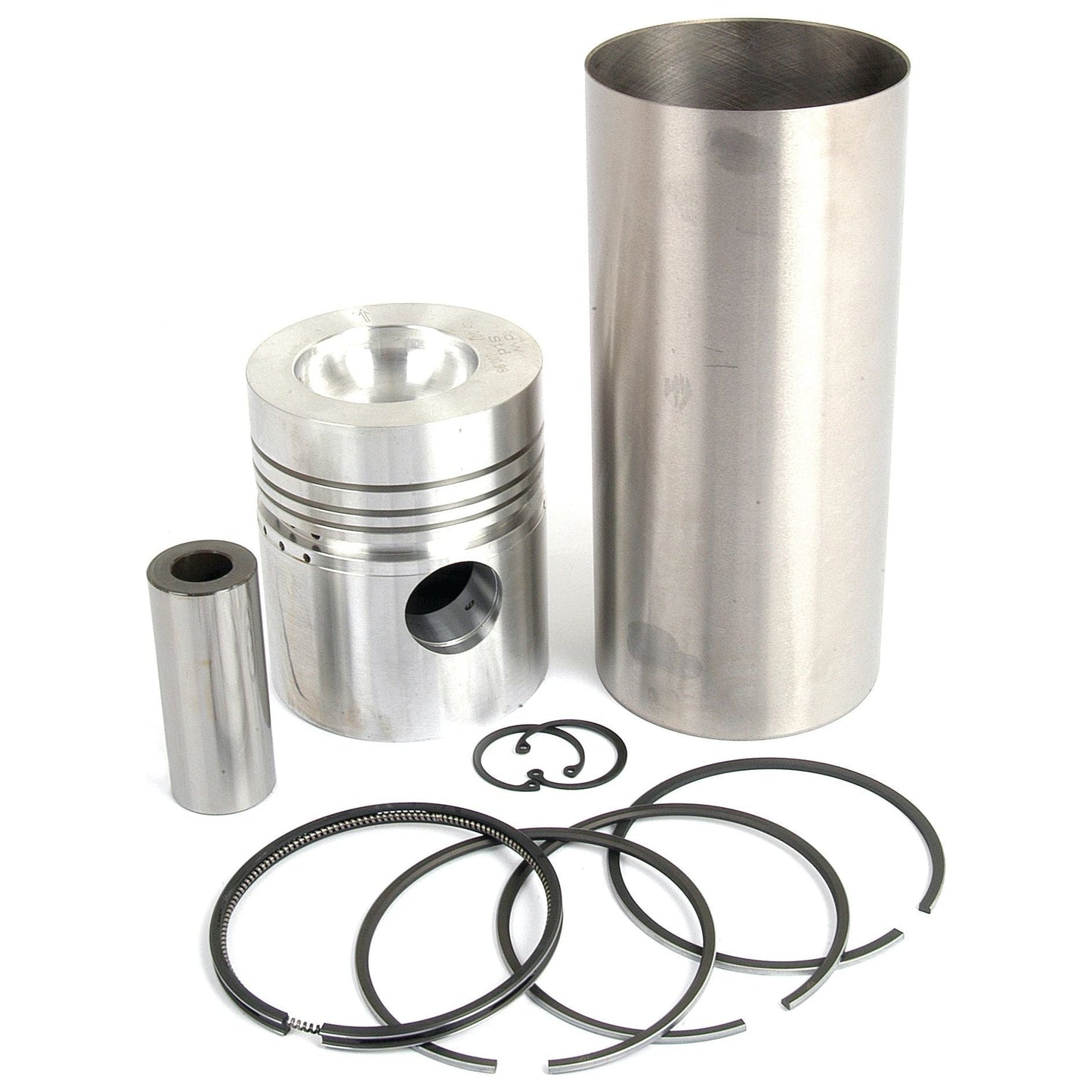 A Sparex Piston Ring and Liner Kit (Part No. S.40451) featuring a piston, cylinder liner, piston rings, gudgeon pin, and circlips on a white background, perfect for your Massey Ferguson 175.