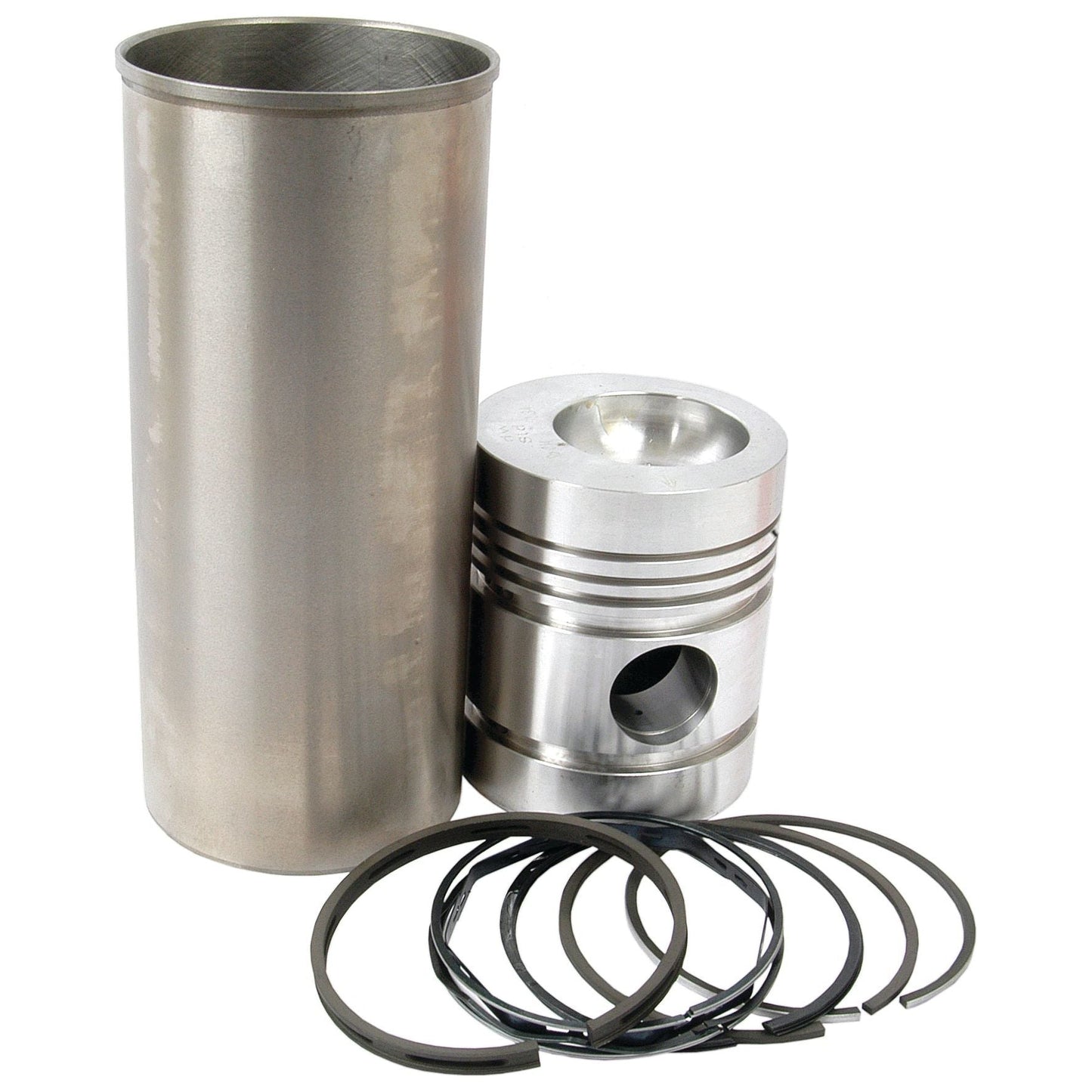 A Piston Ring and Liner Kit (Sparex Part No. S.40454), consisting of a metal cylinder liner, a Perkins piston with a circular recess on top, and seven Sparex piston rings, laid out in front of them.