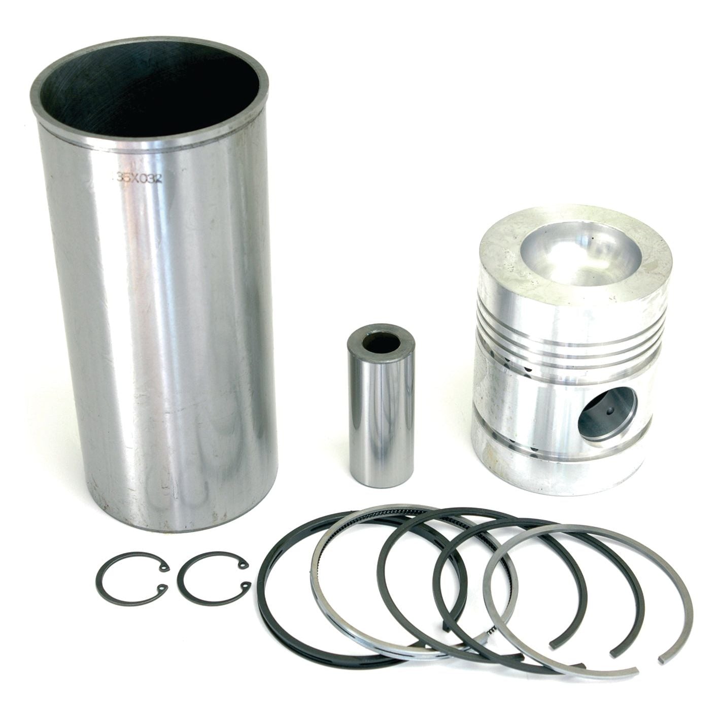 A Sparex Piston Ring and Liner Kit (Sparex Part No. S.41939) finished with a cylinder liner, piston, piston pin, piston rings, and circlips arranged on a white background.