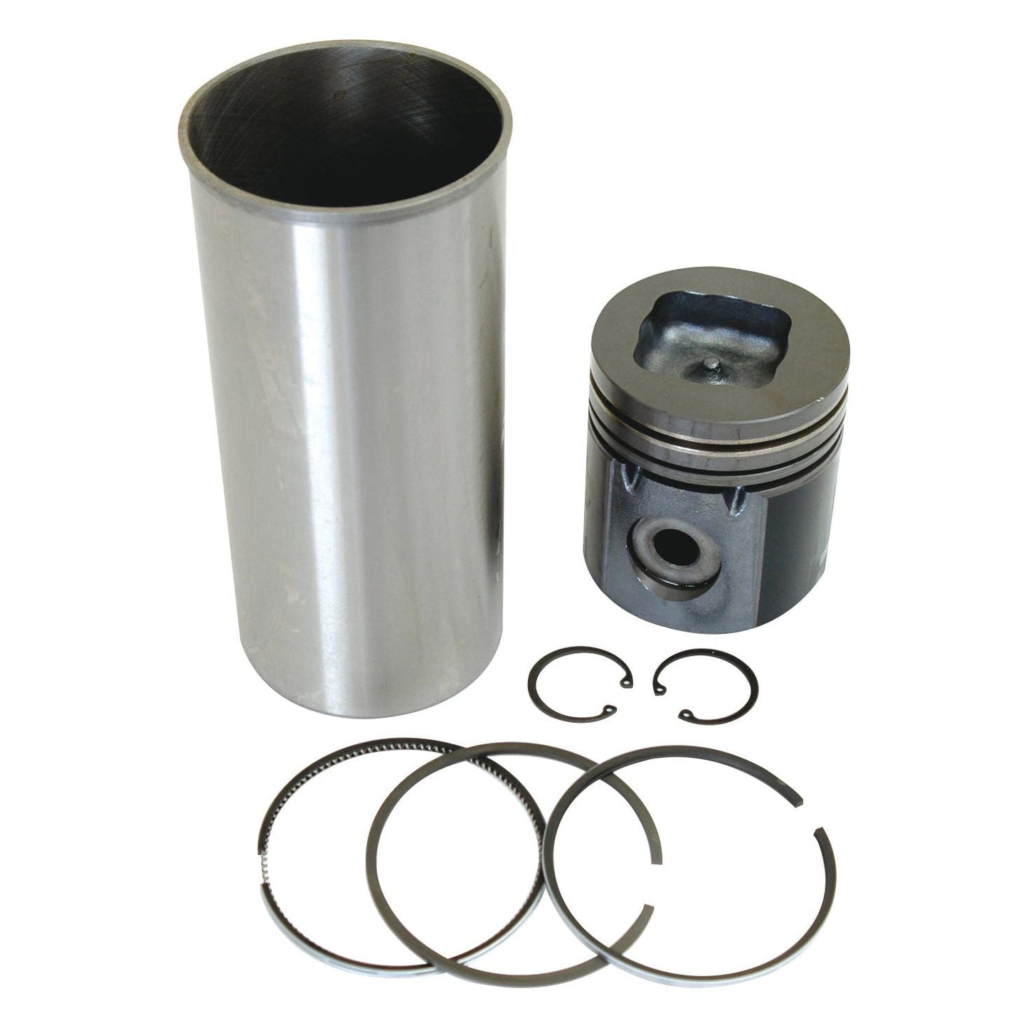 A metal cylinder, piston, two snap rings, and three piston rings from the Sparex Piston Ring and Liner Kit (Sparex Part No. S.42737) are arranged on a white background.