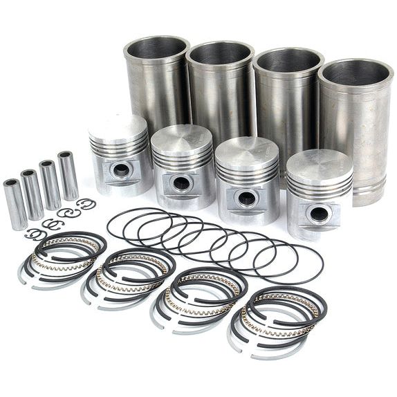 Steel engine components including six piston sleeves, six pistons with rings, eight hollow rods, and various sealing rings and clips from Sparex's Piston Ring and Liner Kit - S.60737 are arranged neatly on a white background.