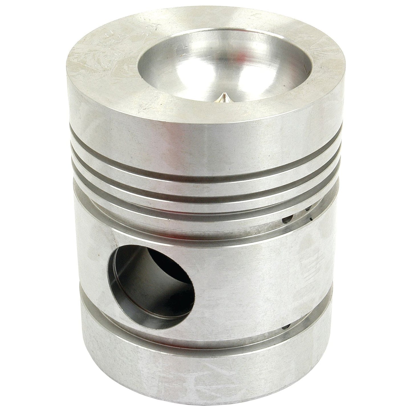 The S.40405 Piston by Sparex, featuring a silver metallic finish with grooves and a central hole, designed for internal combustion engines, is displayed against a plain white background to highlight its precise specifications from the Perkins build list.