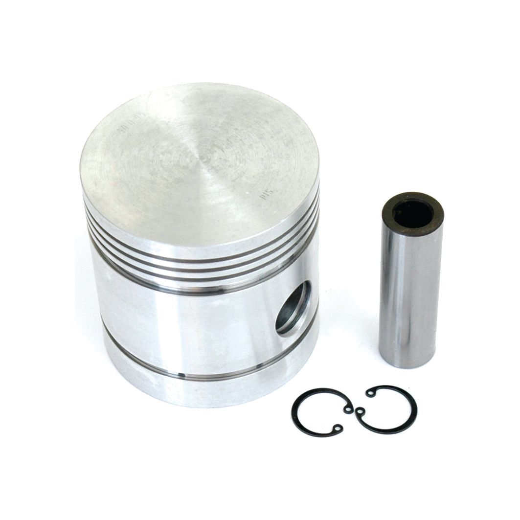 A metallic piston, known as the Piston (Standard) - S.118350 by Sparex, complete with a piston pin and two circlips, designed specifically for Massey Ferguson engines, rests against a plain white background, showcasing its precise bore.