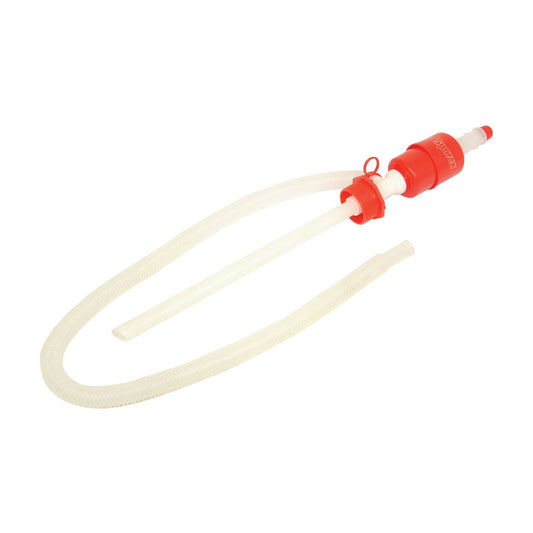 The Sparex Plastic Syphon Pump 205L (Sparex Part No. S.18916) is a white manual siphon pump with a red handle, featuring flexible tubing and a plastic intake pipe, suitable for transferring petrol.