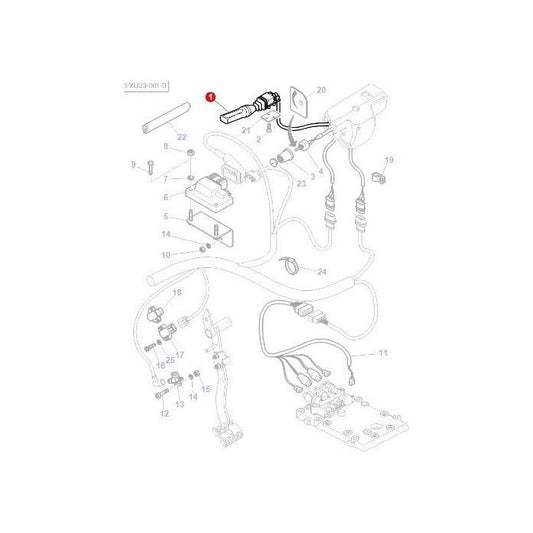 A technical diagram illustrating a detailed layout of various interconnected automotive or mechanical parts, including labeled components and numbered references, specific to the Massey Ferguson 4300 Series with a focus on the Power Shuttle Lever (product number: 3812630M92) from AGCO.