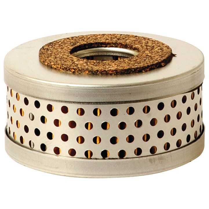 The Sparex Power Steering Filter - Element - LF614 (Sparex Part No. S.60304) is a cylindrical metal filter with perforated sides and a cork ring on top, designed for fluid or air filtration purposes, meeting Fleetguard's high standards and compatible with tractors.