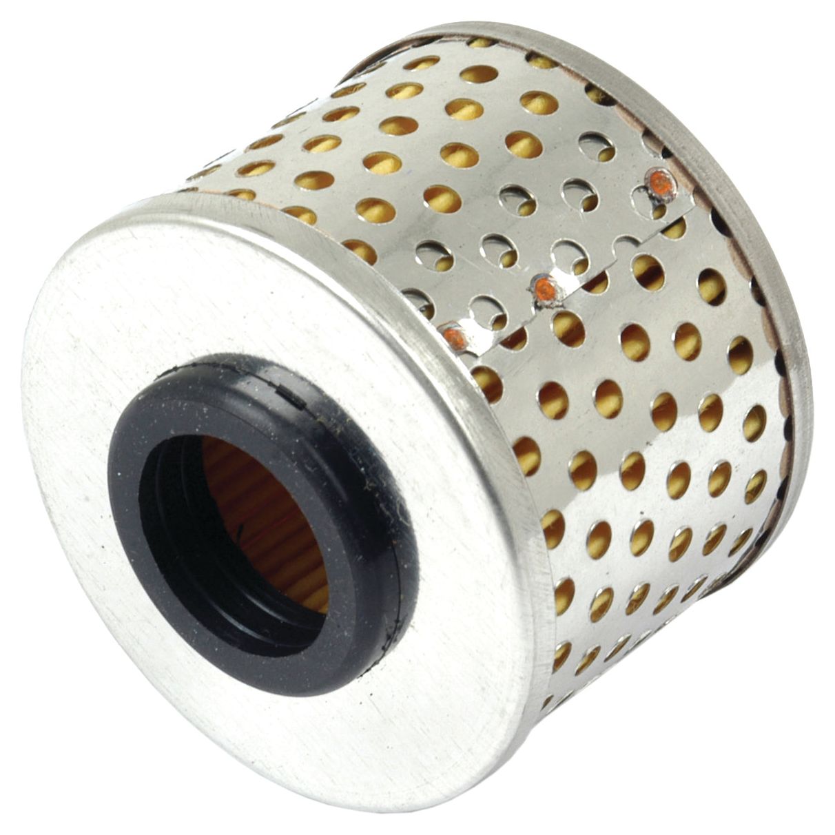 Close-up of a cylindrical metal oil filter, resembling the Power Steering Filter - Element (Sparex Part No. S.40160), with perforated holes and a black rubber gasket.