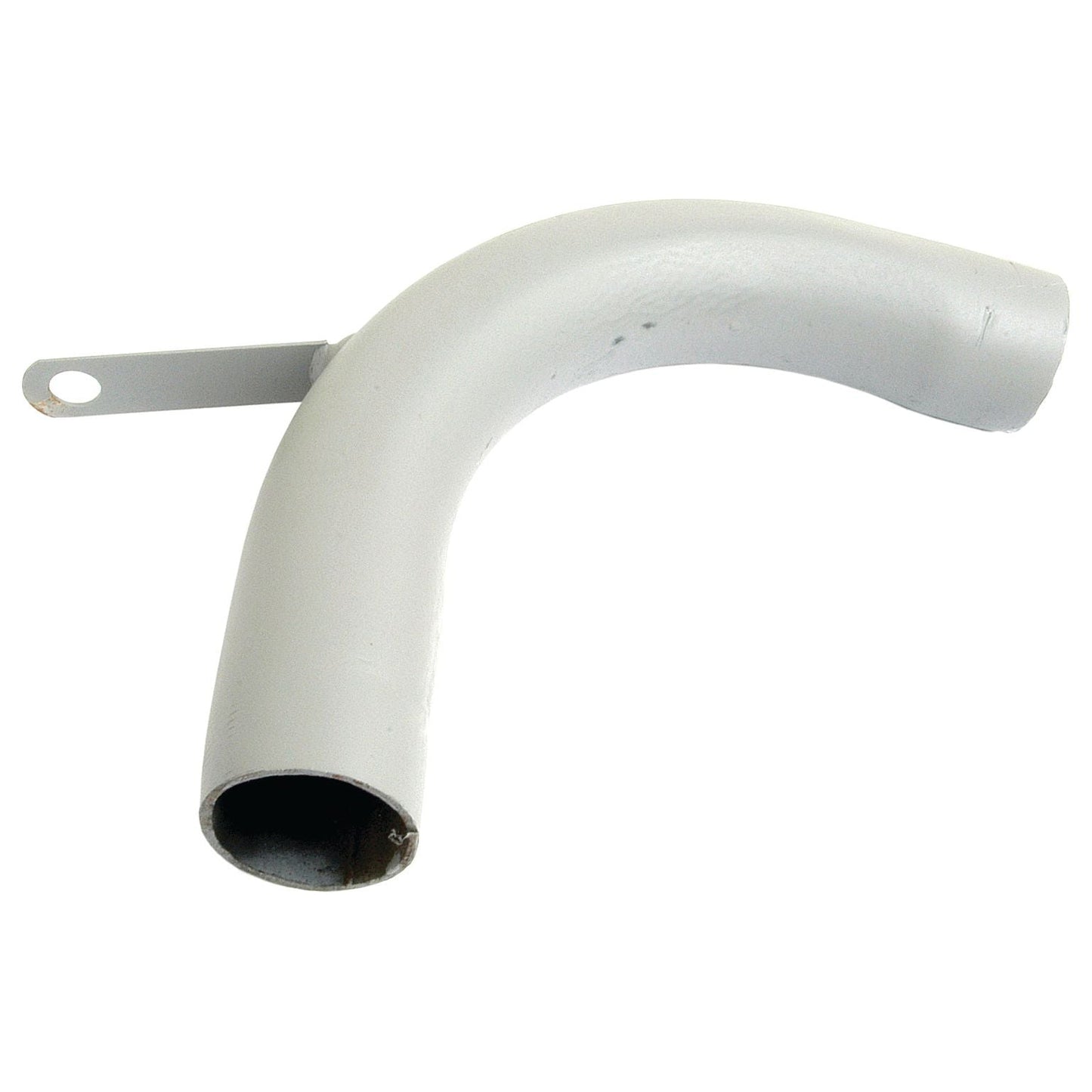 A white, curved metal pipe with a mounting bracket attached, suitable for Massey Ferguson or Pipe Pre-Cleaner systems - the Sparex Pre Cleaner Pipe (Part No.S.43056).