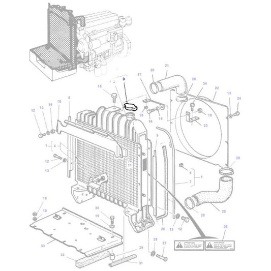 Exploded diagram of a vehicle cooling system showing the radiator, hoses, clamps, and other components, including a labeled AGCO Massey Ferguson Radiator Cap (part number: 180224M92) for identification.