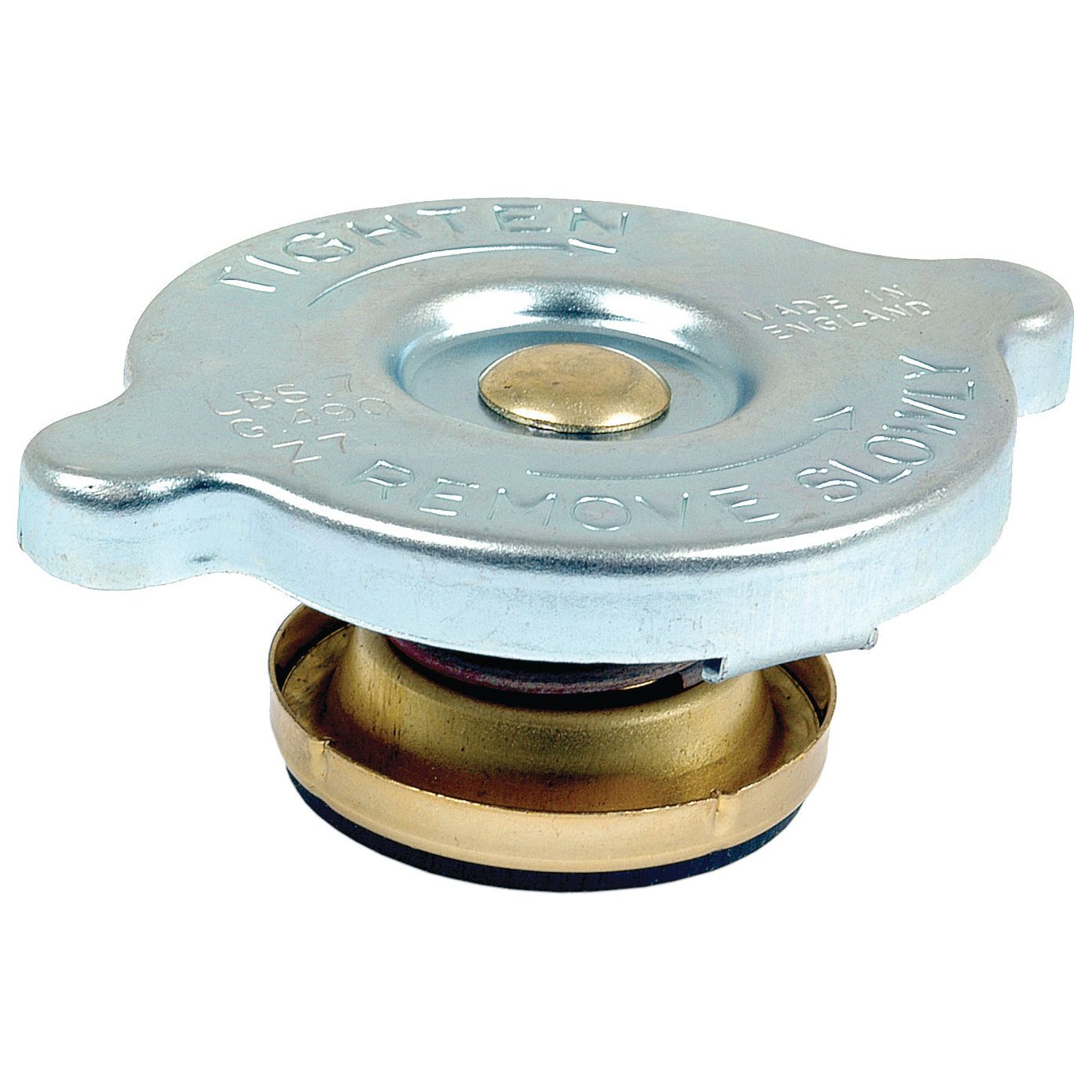 Introducing the Radiator Cap - S.8453 by Sparex, a silver cap featuring engraved instructions to tighten or remove slowly. It boasts a round, central top section and includes a rubber seal at the bottom. Designed with an optimal width for compatibility, it efficiently maintains pressure.