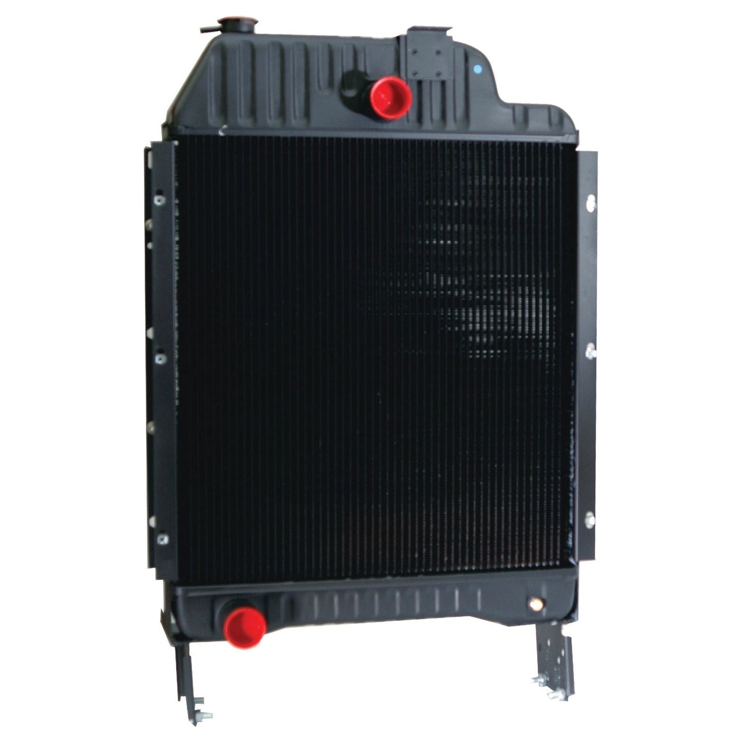 The Sparex Radiator - S.73833 is a black, rectangular radiator featuring a top-mounted reservoir and two distinct red inlet and outlet ports positioned at the top and bottom, making it ideal for efficiently cooling your vehicle.