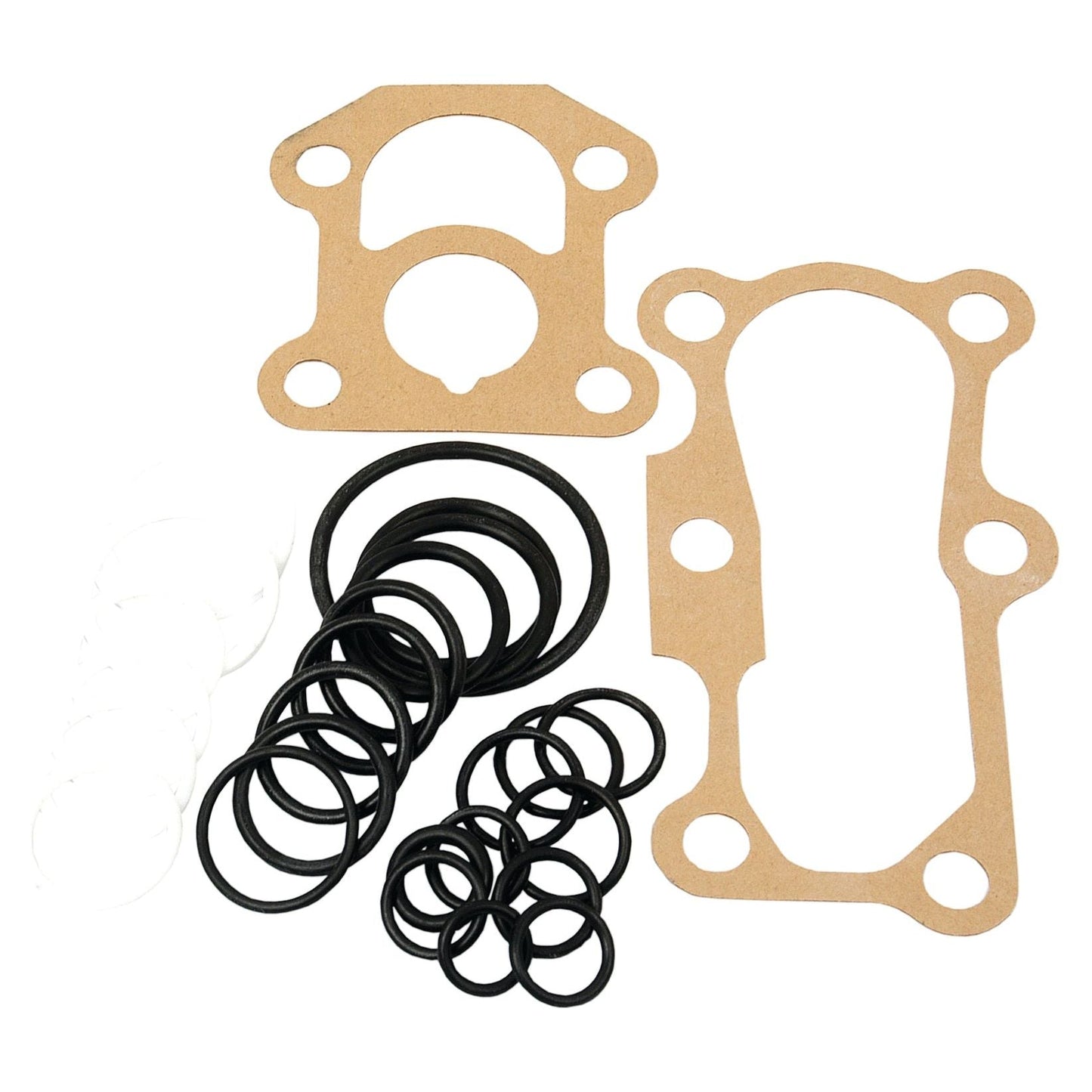 A variety of black, circular rubber O-rings and beige gasket sheets for automotive or mechanical purposes, including MK3 Pump and Landini applications, from the Sparex Repair Kit (Sparex Part No. S.40869), are arranged on a plain background.