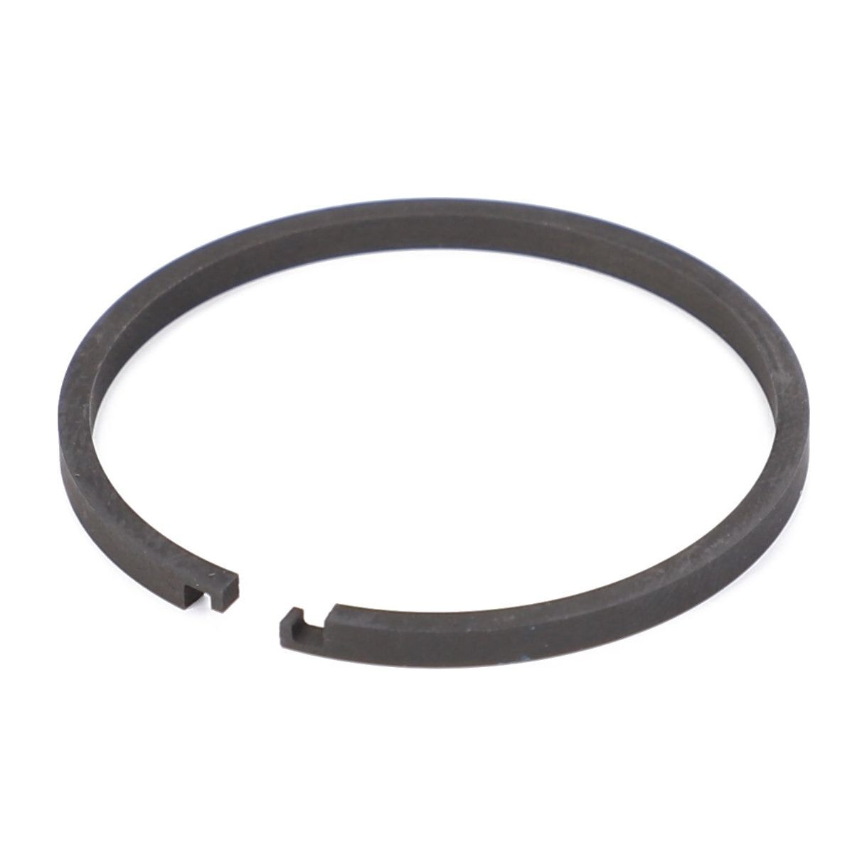 The AGCO Massey Ferguson - Ring - 186581M1 is a metal piston ring with an open gap, essential for sealing the combustion chamber in internal combustion engines.