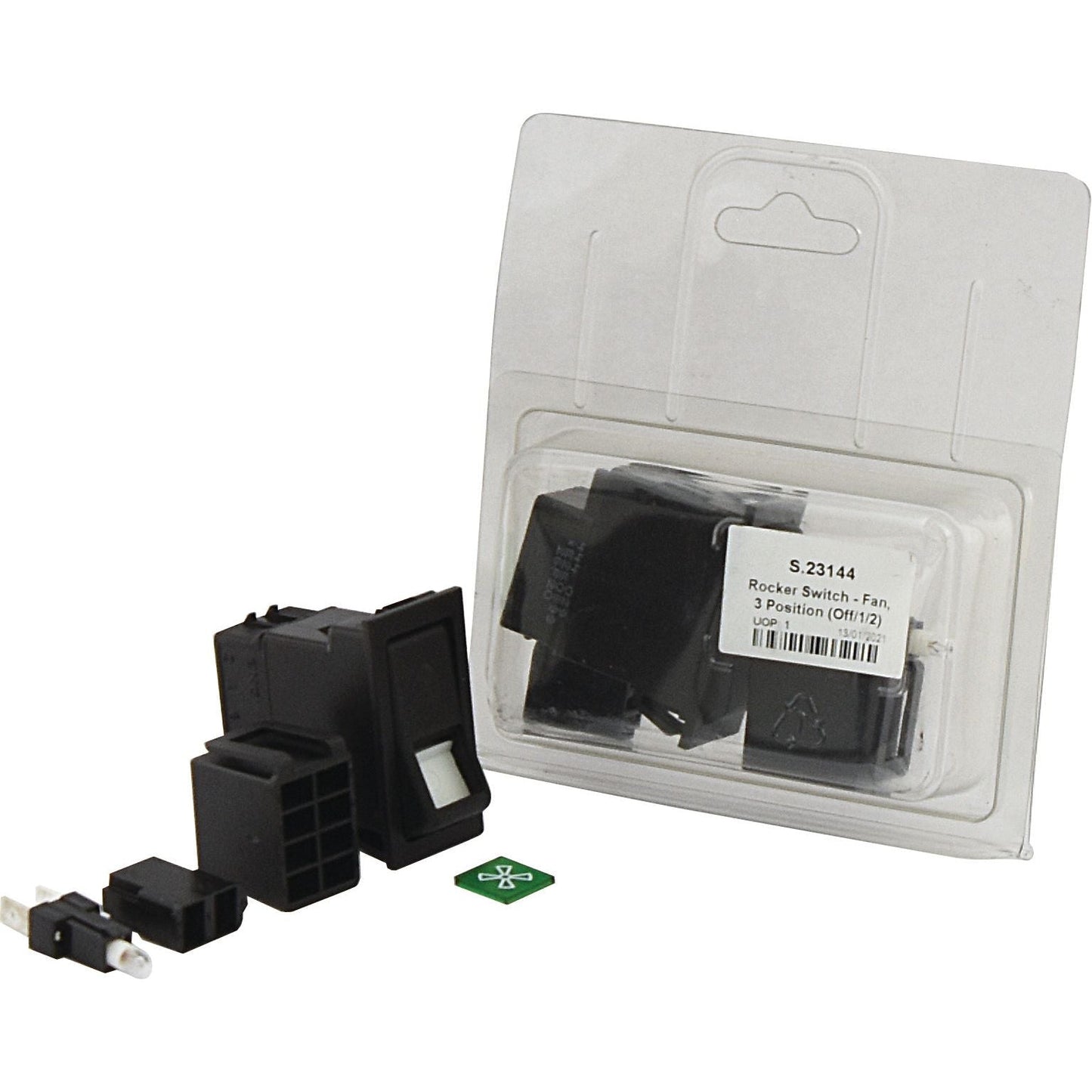 A packaged rocker switch labeled "Rocker Switch - Fan, 3 Position (Off/1/2) - S.23144" from the brand Sparex, designed for 12V DC systems, with the switch and mounting hardware displayed in front of the package.