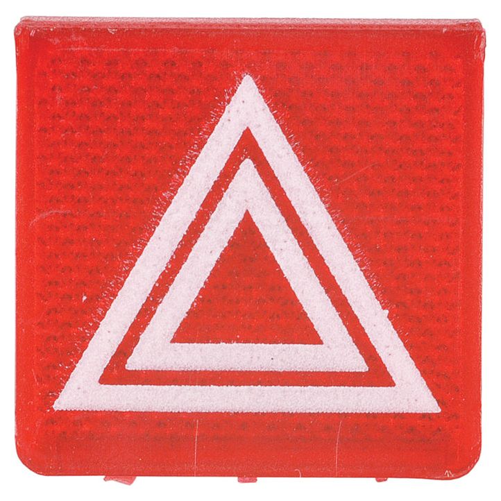 The Rocker Switch Insert - Hazard by Sparex (Part No. S.13454) is a red reflective rectangular sign that features a large white triangle within two smaller white triangular borders, indicating a potential hazard.