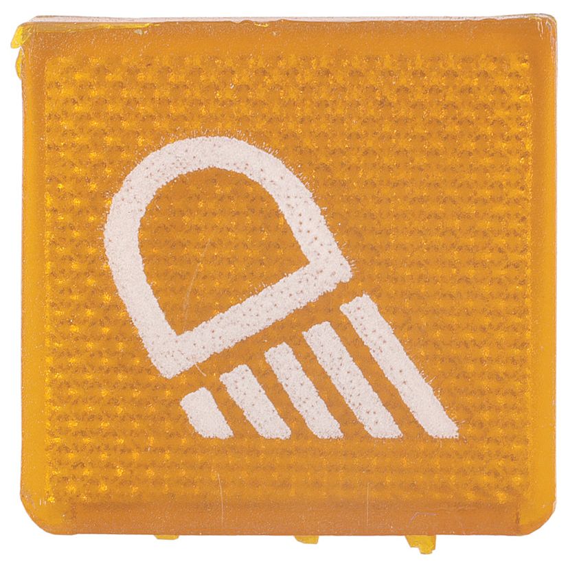 Close-up of the Rocker Switch Insert - Work Lights by Sparex, Part No. S.18188, with a headlight symbol indicating the front fog lights are activated. The orange button, which has a textured surface and resembles those found on Massey Ferguson tractors, is illuminated.