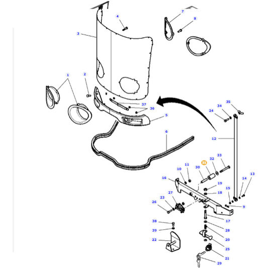 Diagram of a car front end assembly showing various parts and their corresponding numbers for reference. Parts include headlights, bumper, grill, and supporting brackets, similar to the detailed schematics found in AGCO's Massey Ferguson - Roll - 3782073M1 tractor models.