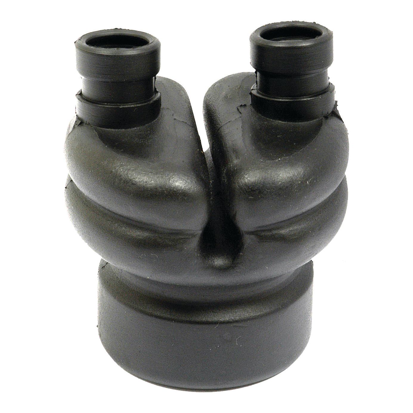 A black, molded rubber component with two cylindrical protrusions, appearing to be a specialized connector or adapter, possibly designed for a Massey Ferguson 265 BRAZILIAN, can be identified as the Rubber Boot for Gear Lever (Sparex Part No. S.43147) from Sparex.