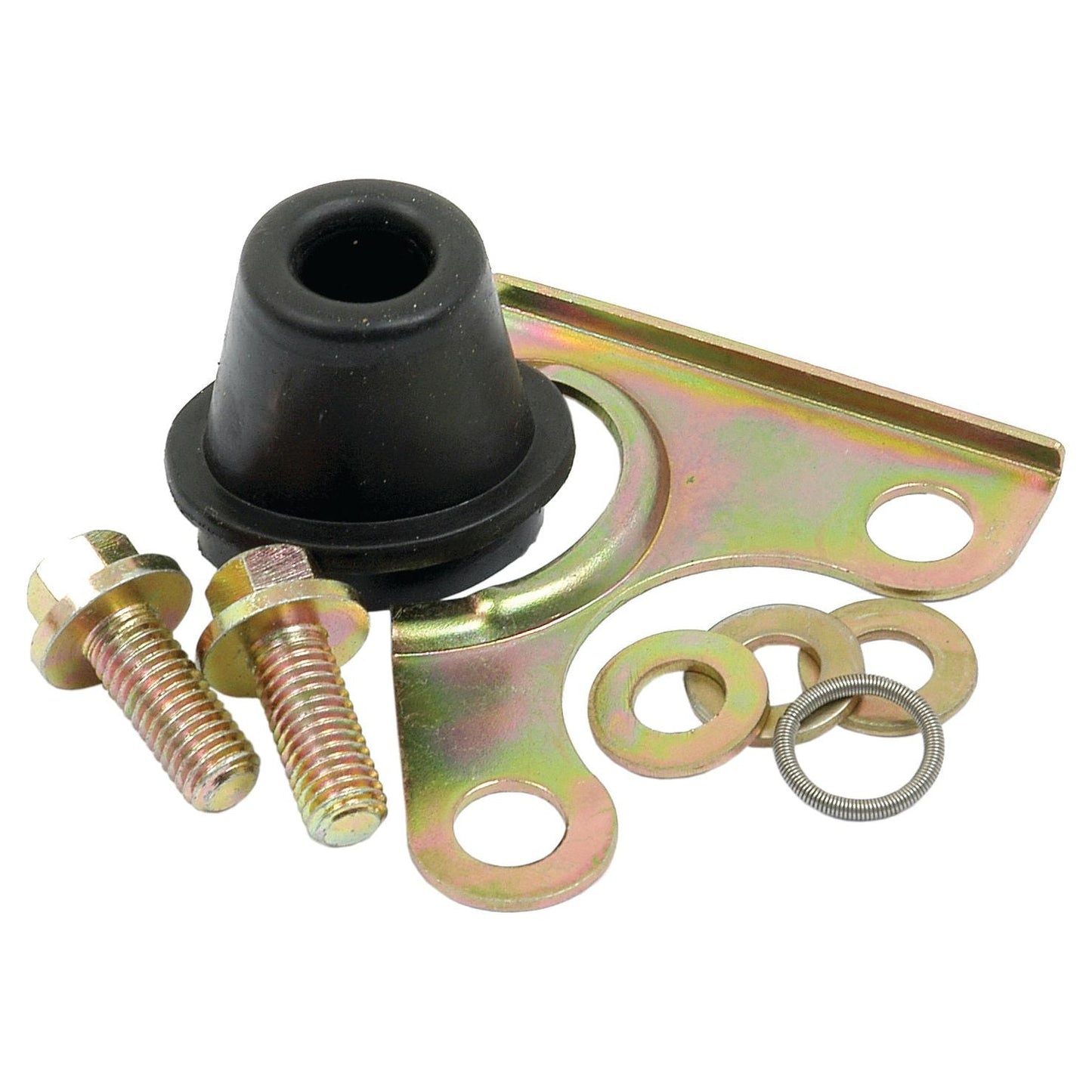 The Sparex Seal Kit (Part No. S.42177) features a metal bracket with two bolt holes, a black rubber grommet, two bolts, two washers, and a spring washer. This essential component is compatible with the Challenger MT425B and can be an integral part of your comprehensive Seal Kit for Massey Ferguson machinery.