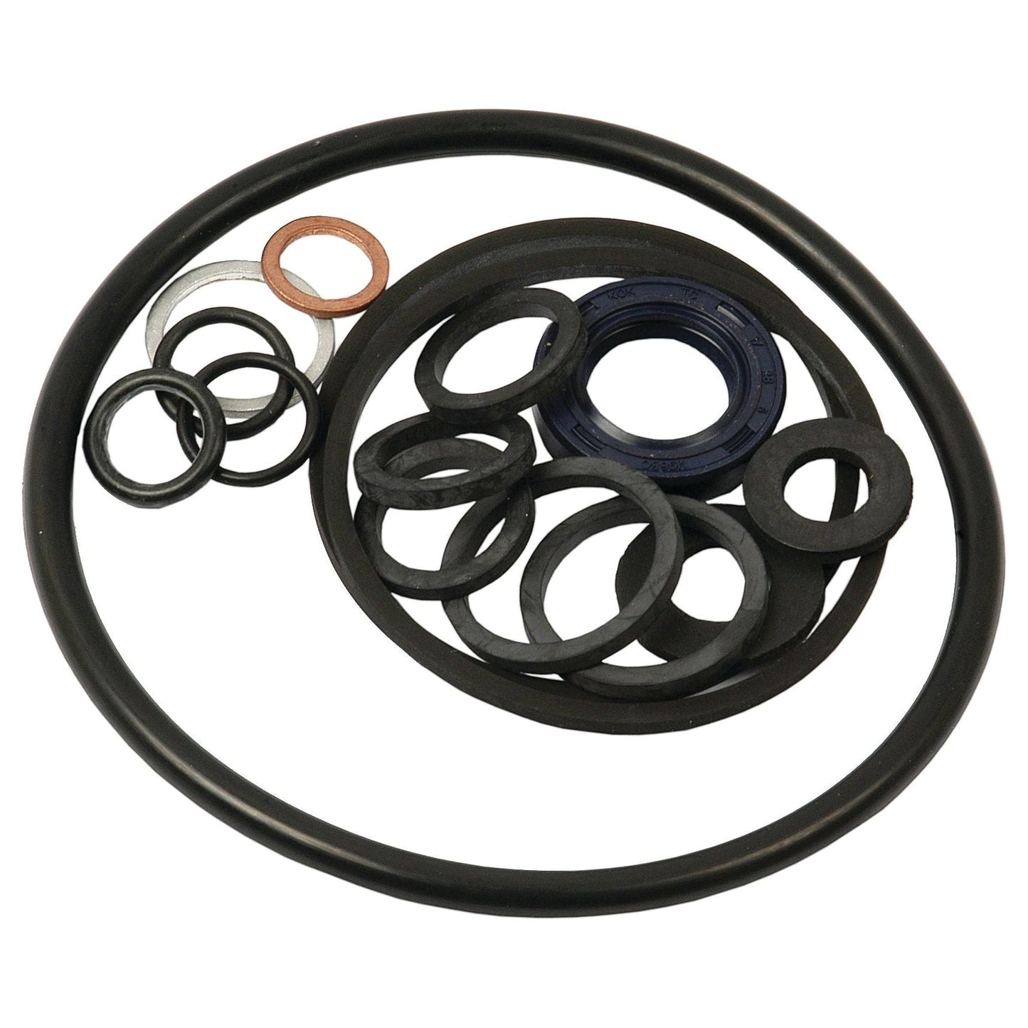 The Seal Kit (Air Equipment Pump) by Sparex, Part No. S.40154, includes a variety of black rubber washers and O-rings, as well as a metal washer and rust-colored washer, all arranged on a white background; ideal for maintaining your Air Equipment Pump or Massey Ferguson machinery.