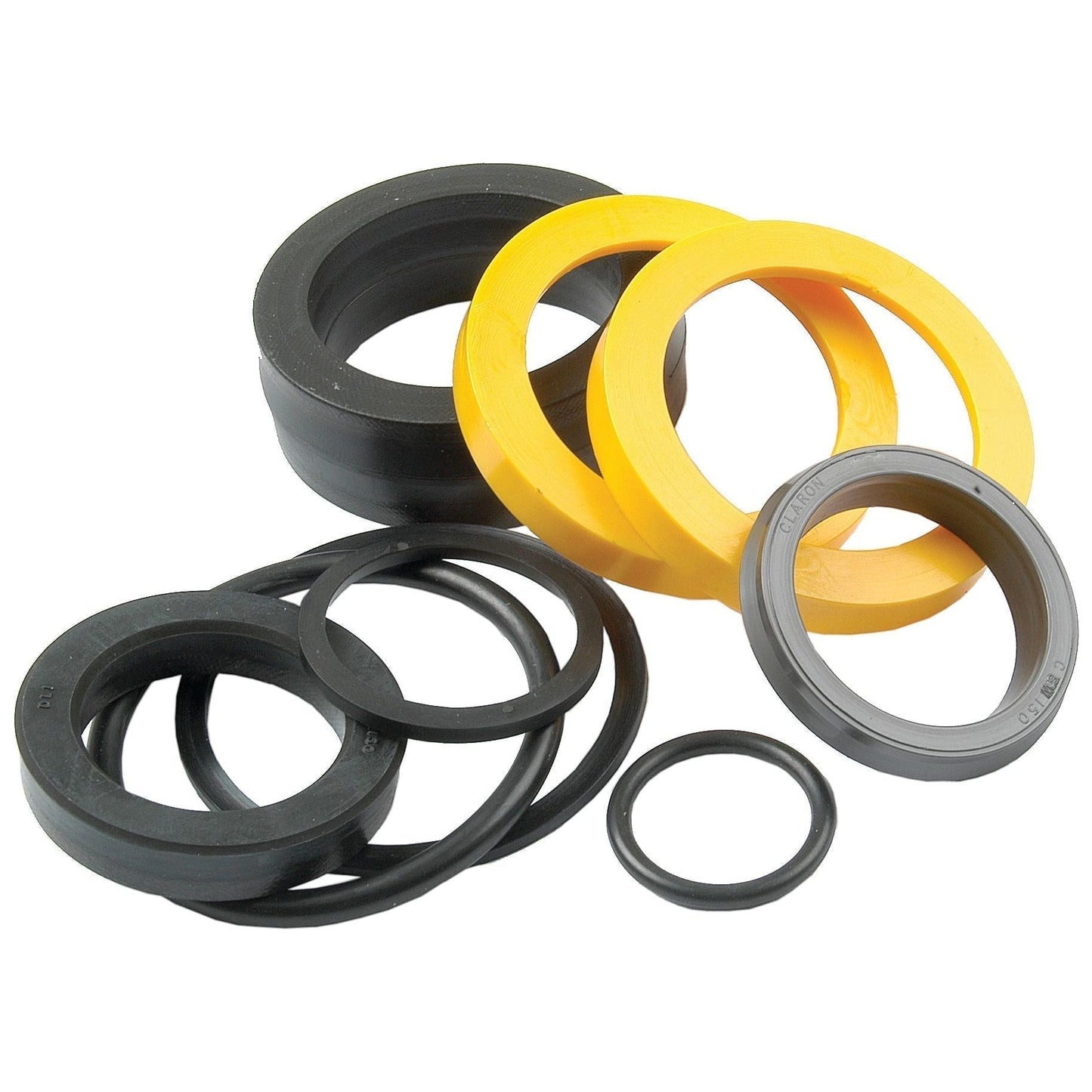 A collection of variously sized black and yellow rubber gaskets and seals, arranged on a plain white background, ideal for Massey Ferguson tractors, from the Seal Kit (4 in 1 Bucket) by Sparex, Part No. S.41813.