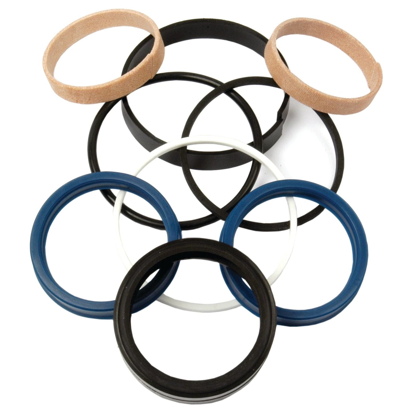 Assorted rubber and fabric rings of various sizes and colors, arranged in a circular pattern on a white background, reminiscent of precise components in a Sparex Seal Kit (Steering Cylinder 2WD & 4WD depending on tractor models) | Sparex Part No.S.41992.