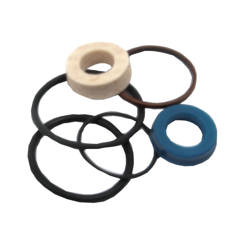 The Seal Kit (Power Steering Cylinder - 2WD) by Sparex, Part No. S.42243, is displayed on a white background, featuring three rubber o-rings and two washers (one in white and one in blue). These components are essential for maintaining Massey Ferguson power steering cylinders in 2WD tractors.