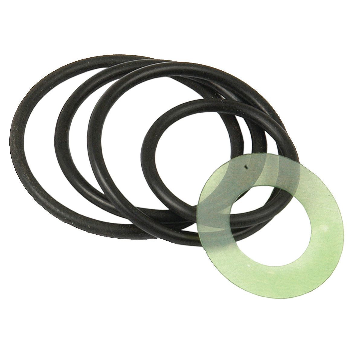A Seal Kit (Spool Valve) by Sparex, featuring four black rubber O-rings and a translucent green washer, compatible with Massey Ferguson machinery, is arranged on a white background. The Sparex Part No. is S.42993.