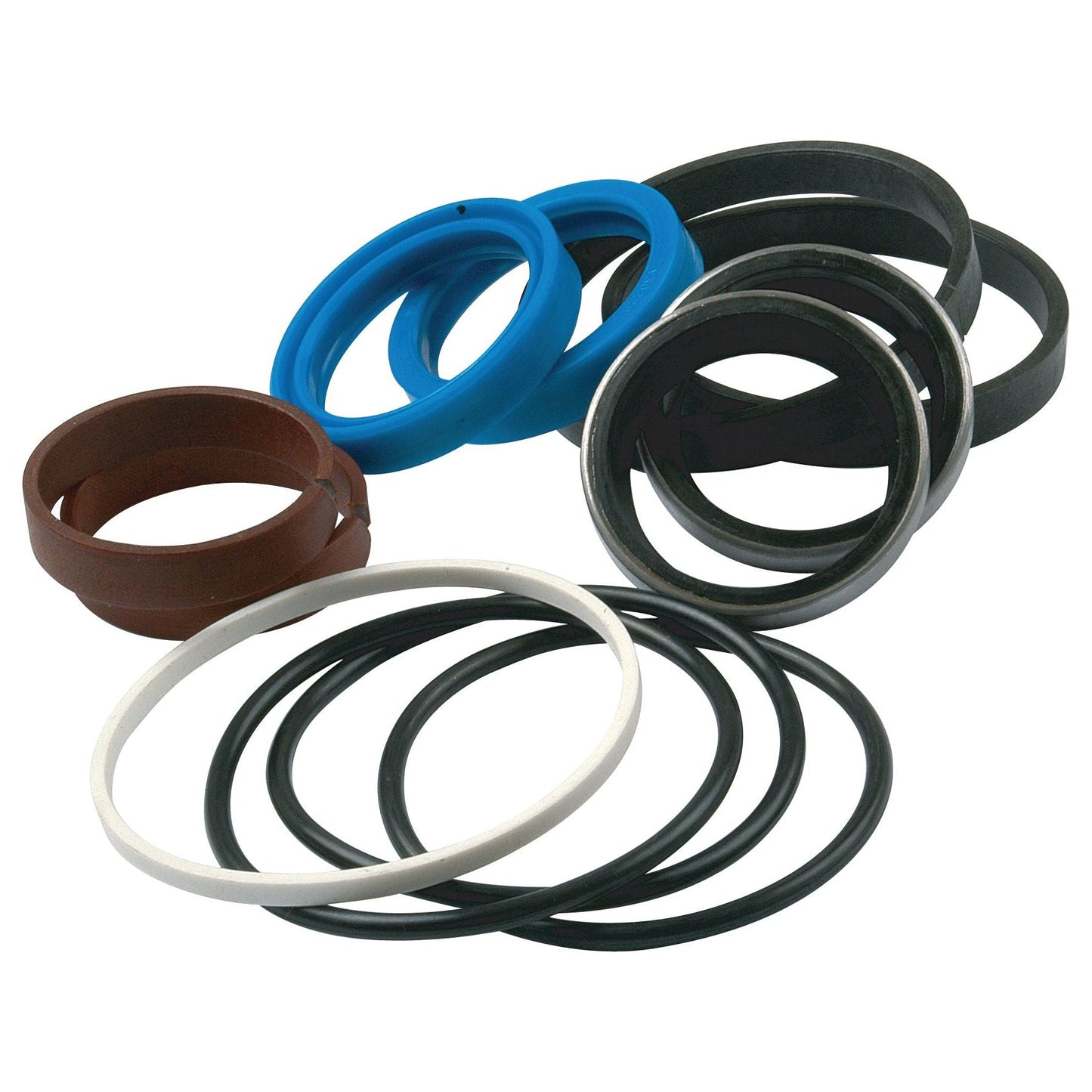 A collection of variously colored rubber O-rings and seals, including options from Landini and Massey Ferguson, arranged on a white surface. This collection features the Seal Kit | Sparex Part No. S.43407 from the reputable brand Sparex.