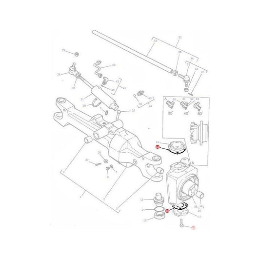 A technical diagram displaying various components of a mechanical system, including labeled parts such as rods, joints, and connectors arranged around a central assembly. This setup is reminiscent of the detailed tractor parts found in the AGCO-produced Massey Ferguson Shim Pivot Cap model 3426230M1 from the 100 Series.