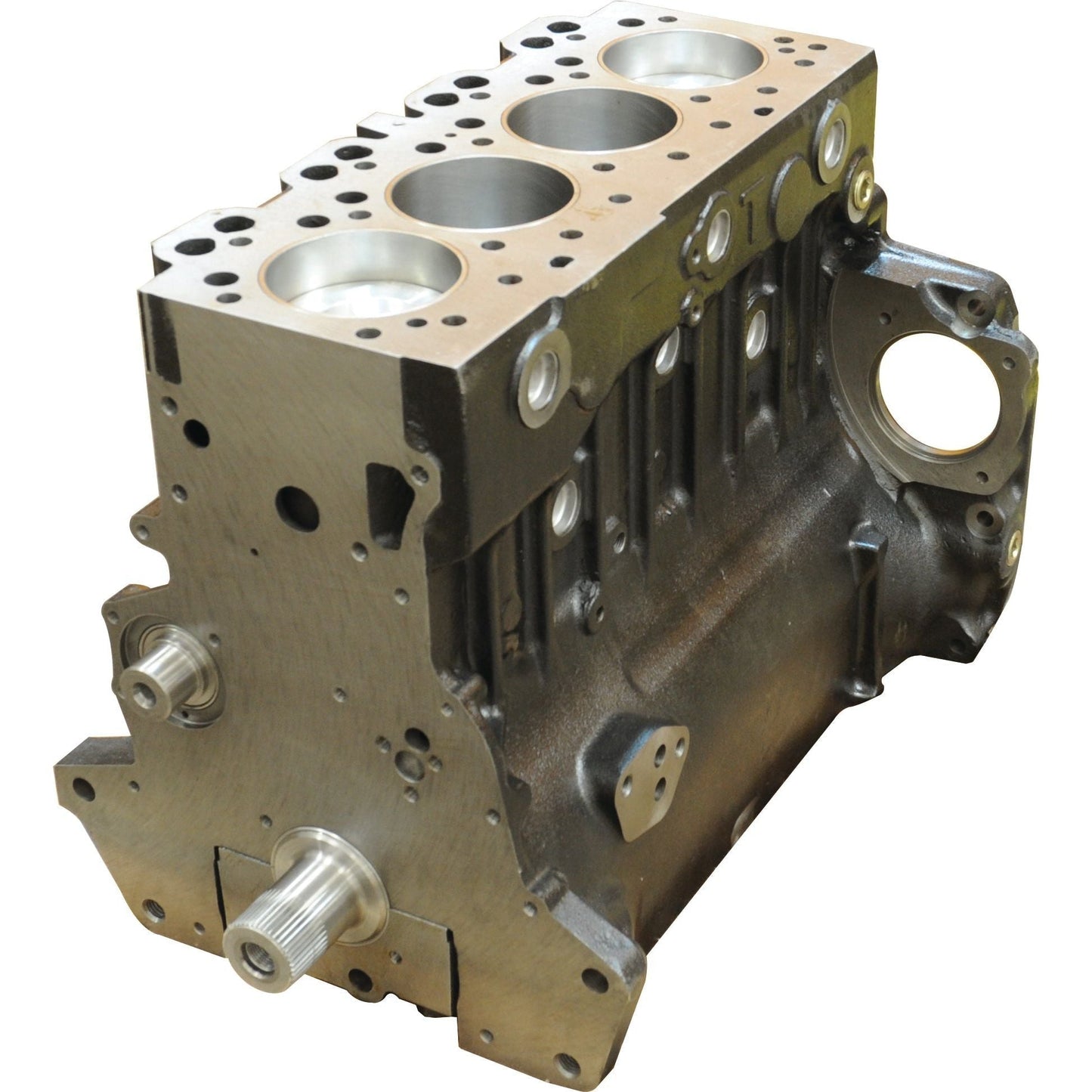 A clean, metallic Short Engine: A4.248 - S.43967 from Sparex features three visible cylinder bores, a 6 Bolt Balancer Unit, and various machined openings and mounting points.