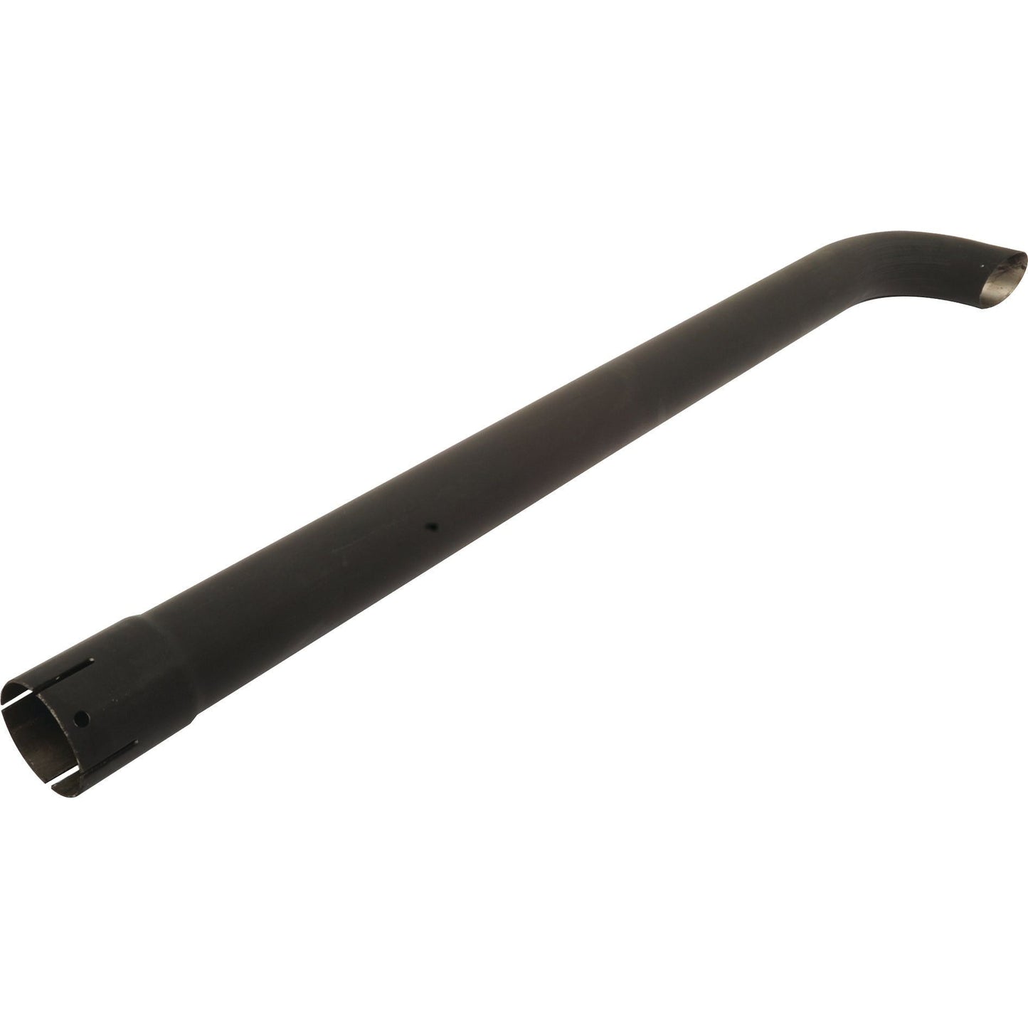 A long, black metal pipe with a Black Finish, one end curved and the other featuring notches, manufactured by Sparex as part number S.42771 and named "Silencer - Pipe.