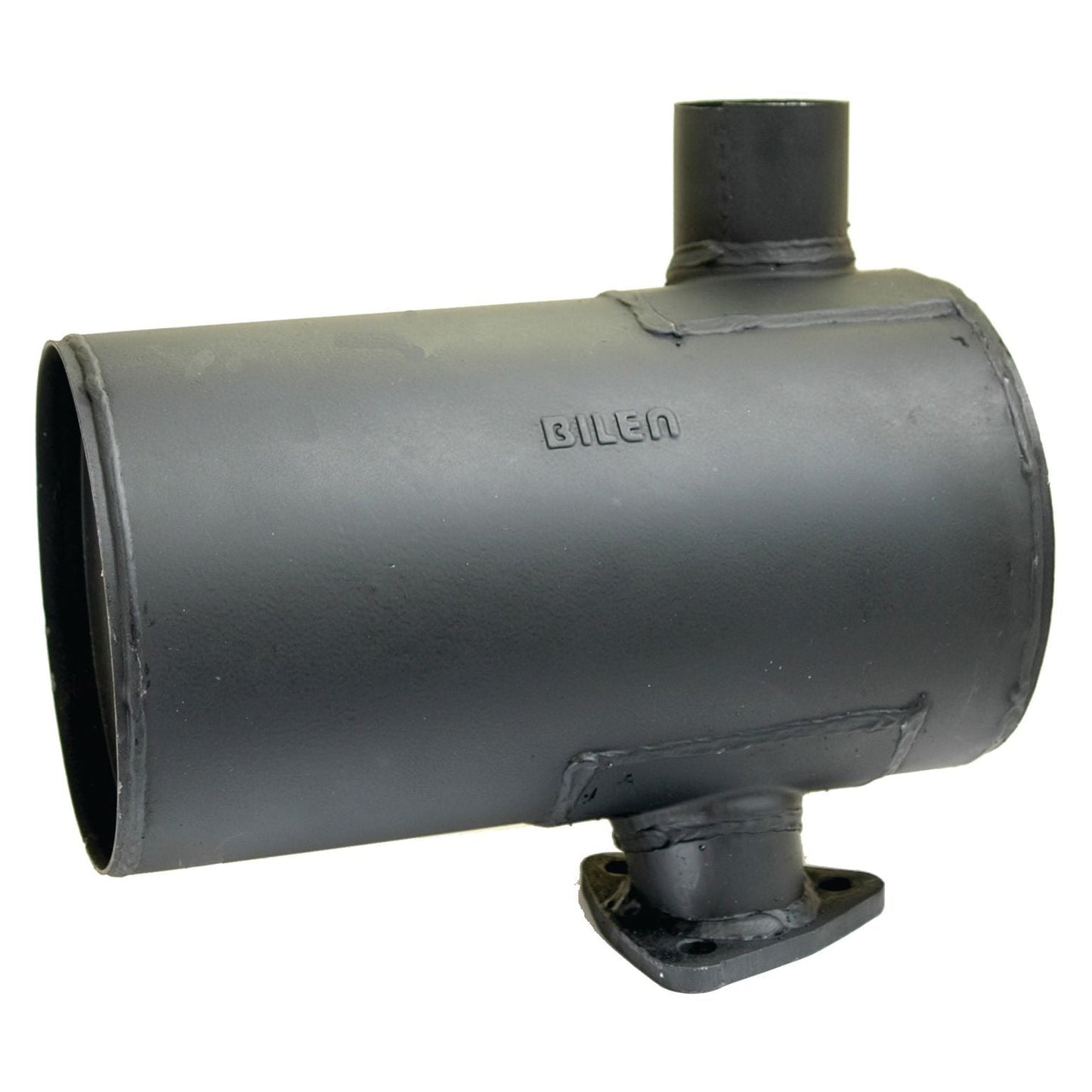 A black cylindrical metal pipe with a smaller perpendicular pipe on top and a flanged end at the bottom, embossed with the word "BILEN," reminiscent of accessories found in Massey Ferguson machinery, such as the Silencer - Underhood - S.20108 from Sparex.