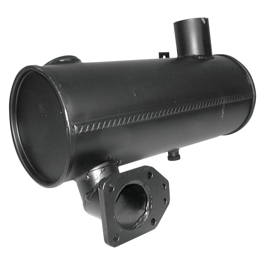 The Sparex Silencer - Underhood - S.42656 is a cylindrical black metal exhaust muffler characterized by its round body, multiple inlets/outlets, and welded joints. Designed for automotive or industrial applications, it is coated with heat-resistant paint for enhanced durability. This silencer features a standard 63mm fitting to ensure easy installation under the hood and provides effective noise reduction.