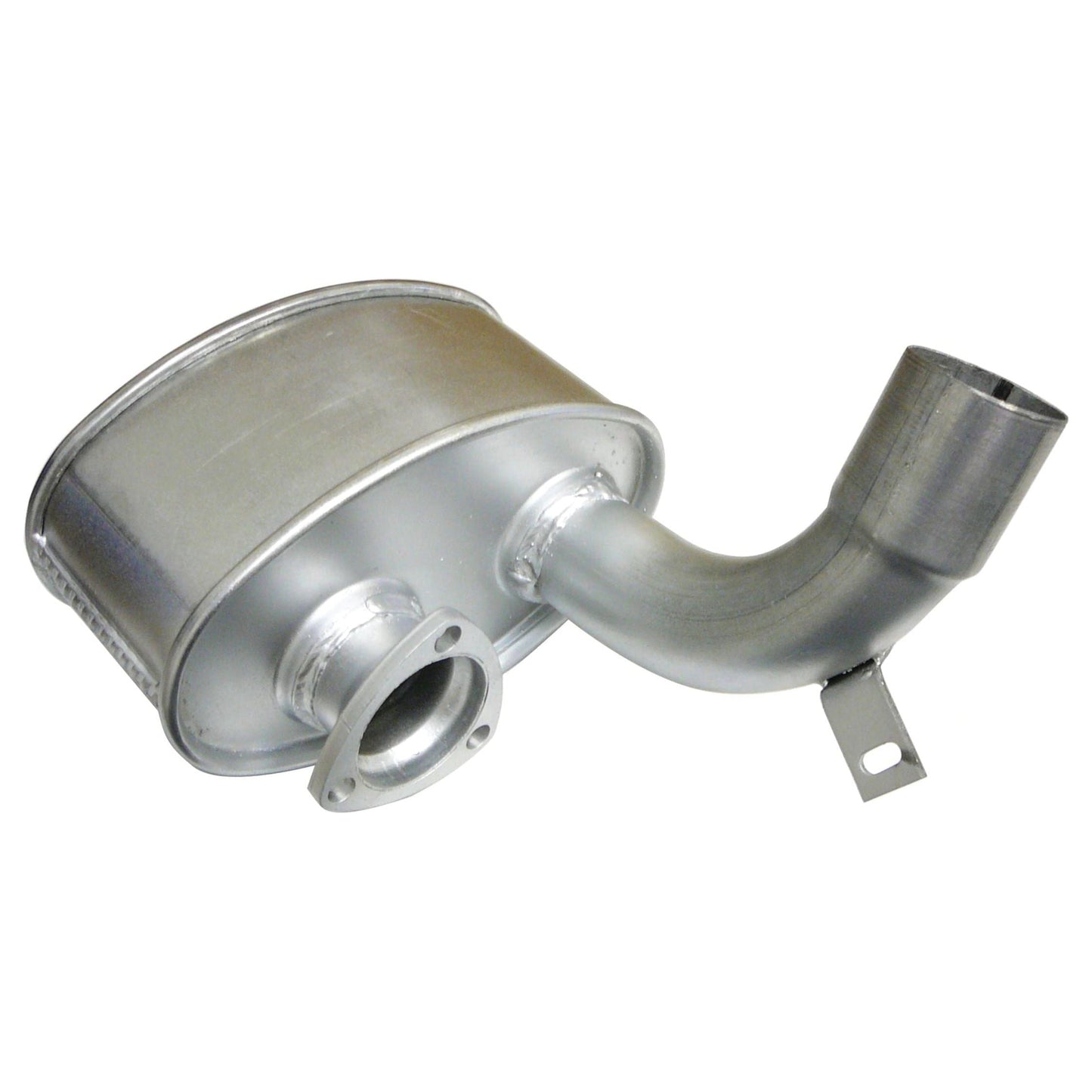 Image of the Sparex Silencer - Underhood - S.43988, a metallic car exhaust muffler with a grey matt finish. It features an attached pipe and mounting bracket, with the cylindrical muffler including a 3-hole flange fitting and an additional smaller pipe for connection.