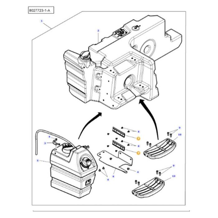 Technical diagram showing an exploded view of a Massey Ferguson - Slipper - 4351347M1 by AGCO, with numbered parts. Two arrows indicate the assembly process of smaller components. Reference number 8027723-1-A is noted.