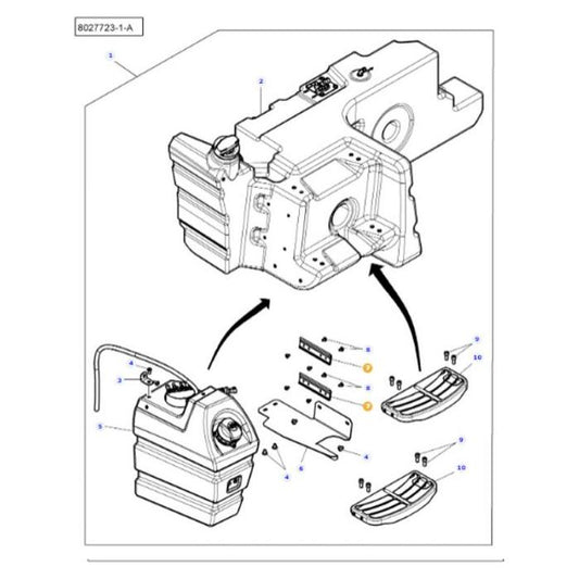 Technical diagram showing an exploded view of a Massey Ferguson - Slipper - 4351347M1 by AGCO, with numbered parts. Two arrows indicate the assembly process of smaller components. Reference number 8027723-1-A is noted.