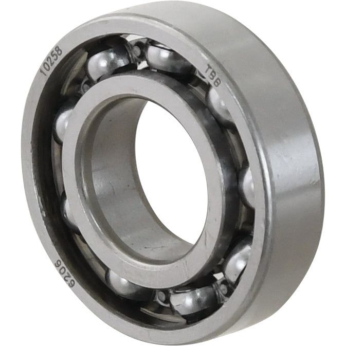 Close-up of a Sparex Deep Groove Ball Bearing (6206Open) - S.18056, featuring multiple spherical balls held in a circular frame. This bearing is compatible with Ford/New Holland machinery.