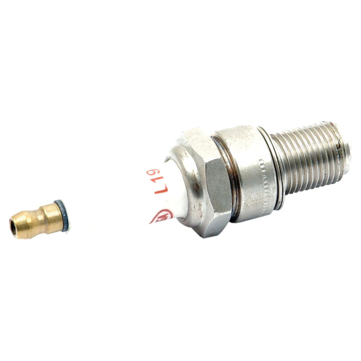 A close-up of the Sparex Spark Plug - S.42484, designed for tractors and Standard Petrol / TVO engines, showing the metal threaded body with a 14 mm thread diameter and the ceramic insulator with a small metal terminal at the tip.