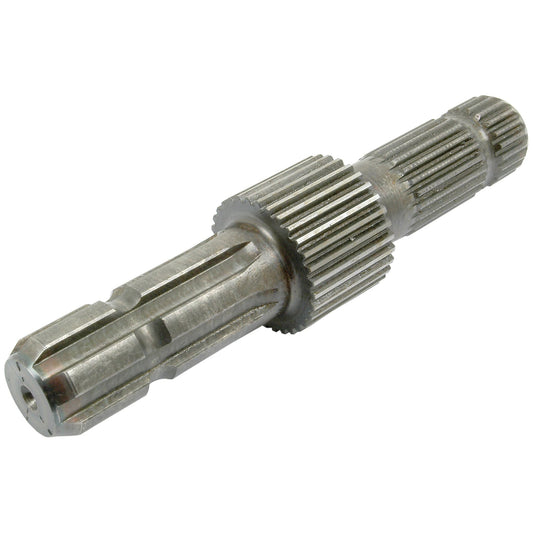 A close-up of a precision-engineered PTO shaft display stand, Sparex S.74659, featuring detailed splines machining work and a cylindrical shape with multiple teeth and grooves. Positioned horizontally against a plain white background, this adaptable display stand is ready to showcase PTO shafts designed to handle high RPM tasks efficiently.