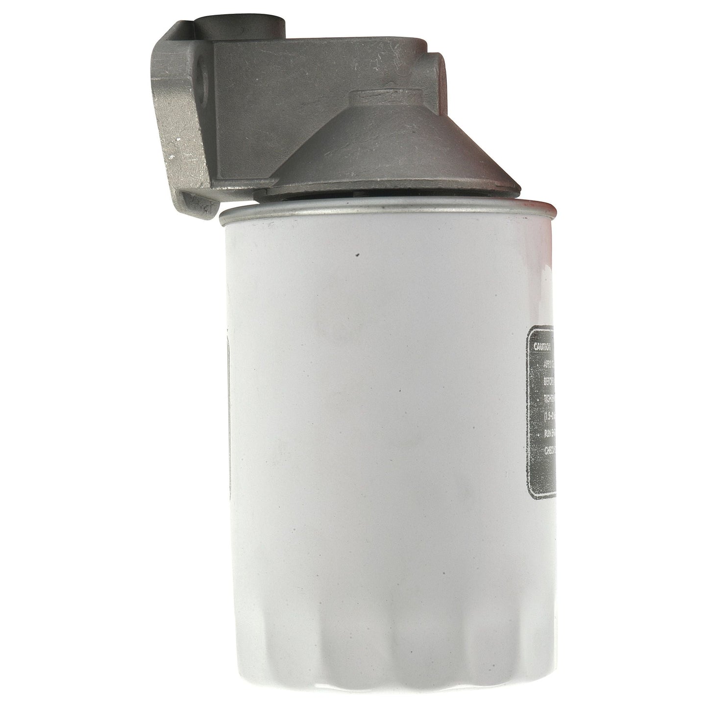 The Spin On Filter Assembly with Filter Head, Sparex Part No. S.41489, is a white cylindrical spin-on filter featuring a metal mounting bracket at the top, making it an ideal choice for use in Massey Ferguson and Landini tractors.