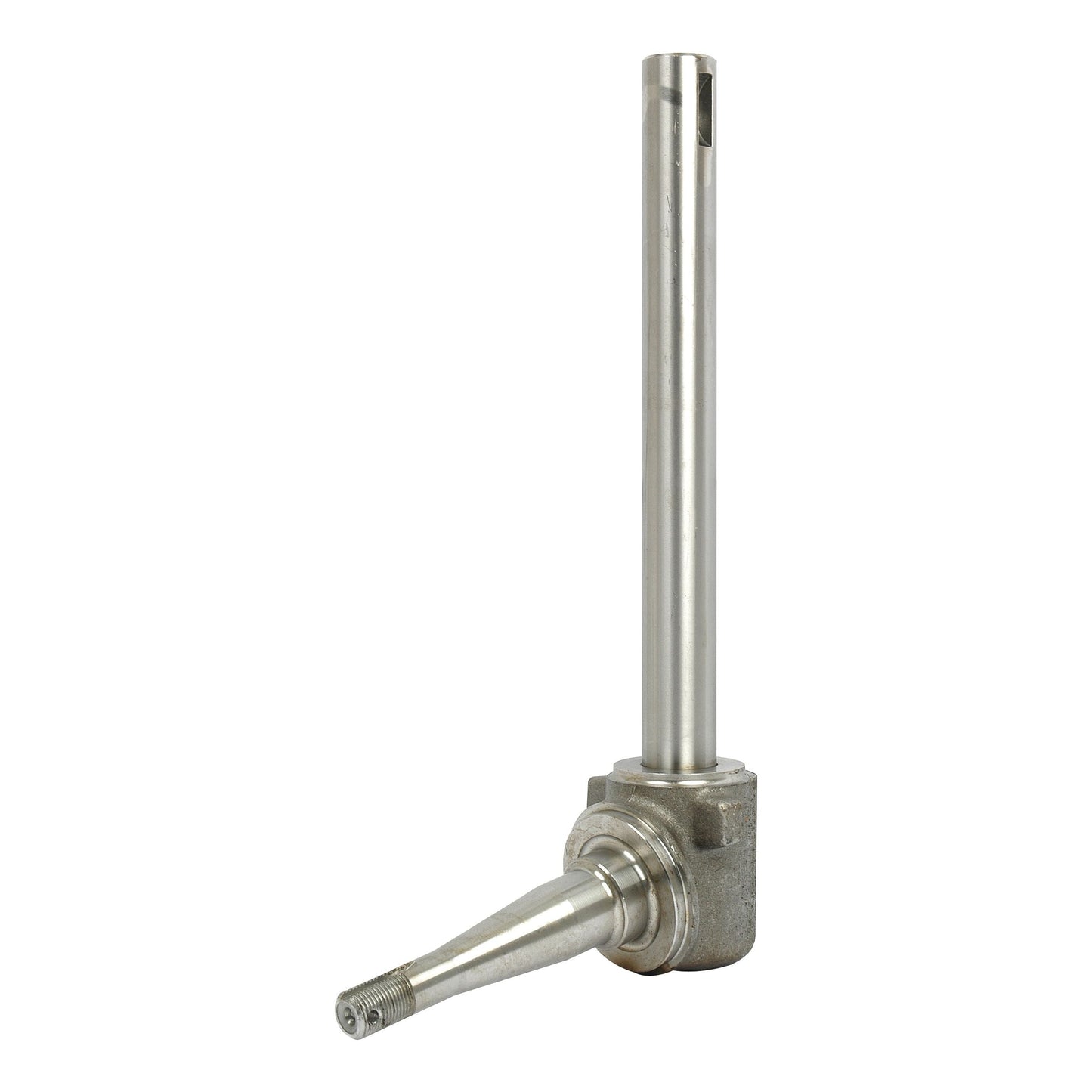 The Spindle LH (Sparex Part No. S.15988) from Sparex is a metal machine part, similar to those used in Massey Ferguson equipment. It features a cylindrical rod with a slanted, threaded end attached to a rectangular base.